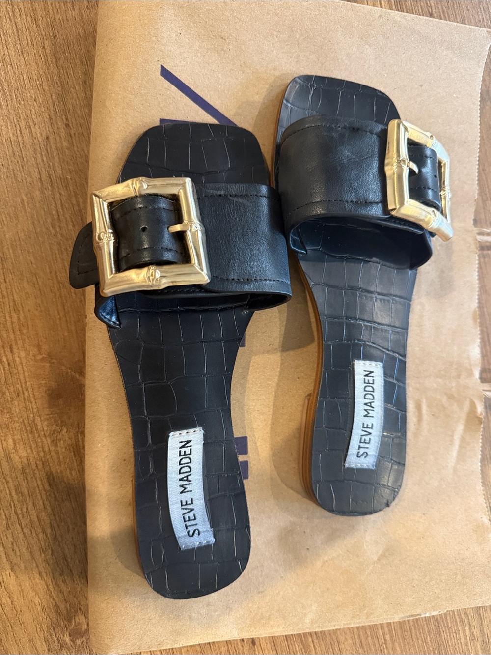 Steve Madden Black Slide Sandals with Gold Buckle Accent